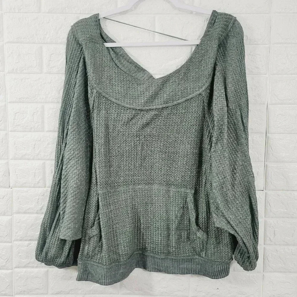 We The Free People Women' Hoodie Sweatshirt Long Sleeve Solid Olive Green Size M
